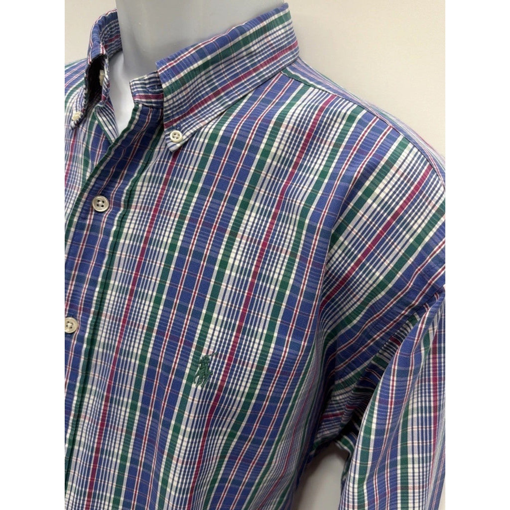 Vintage Ralph Lauren Blake Shirt Mens Large Blue Green Plaid Two-Ply Cotton EUC