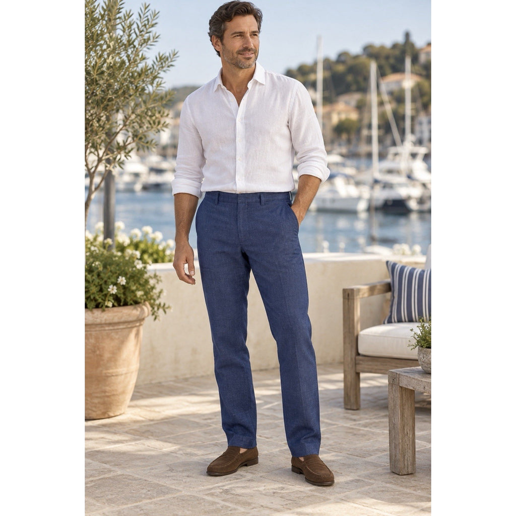 J.CREW Bowery Slim Fit Linen Pants Mens Blue Flat Front 32x29.5