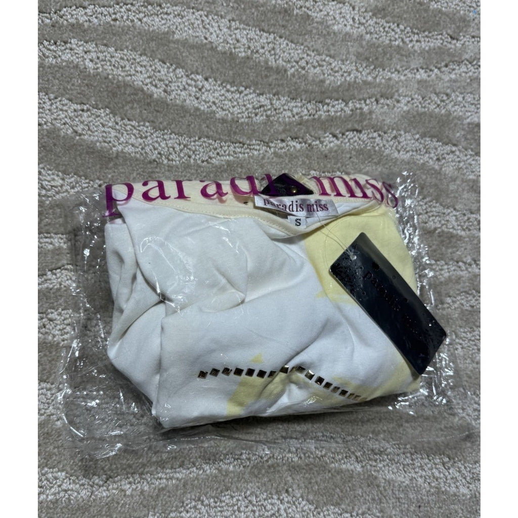 NWT Paradis Miss Womens Small Yellow White Studded Belted Mini Dress Cotton
