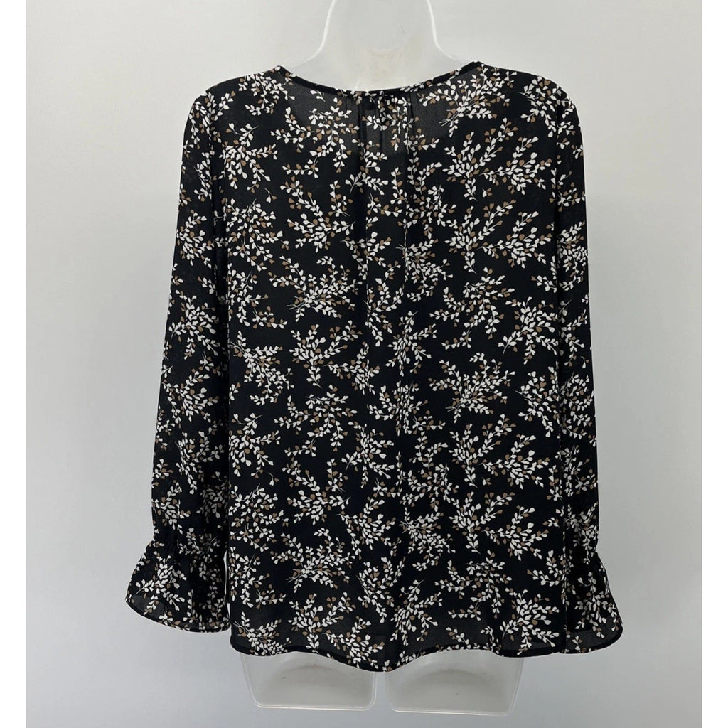 Talbots Keyhole Flowy Tunic Top Women's LP Petite Black Tan Floral Long Sleeve