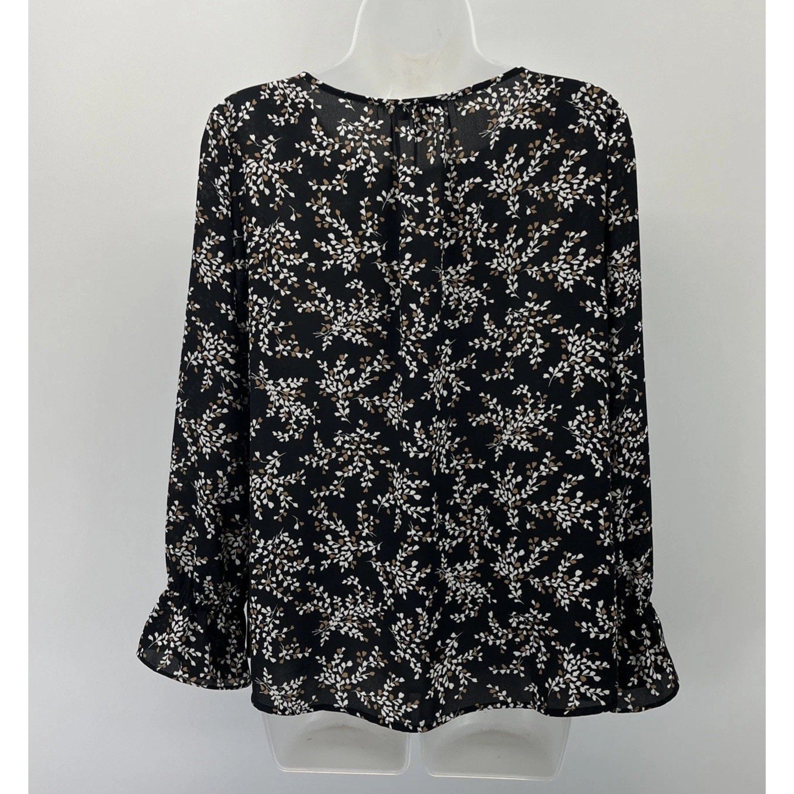 Talbots Keyhole Flowy Tunic Top Women's LP Petite Black Tan Floral Long Sleeve