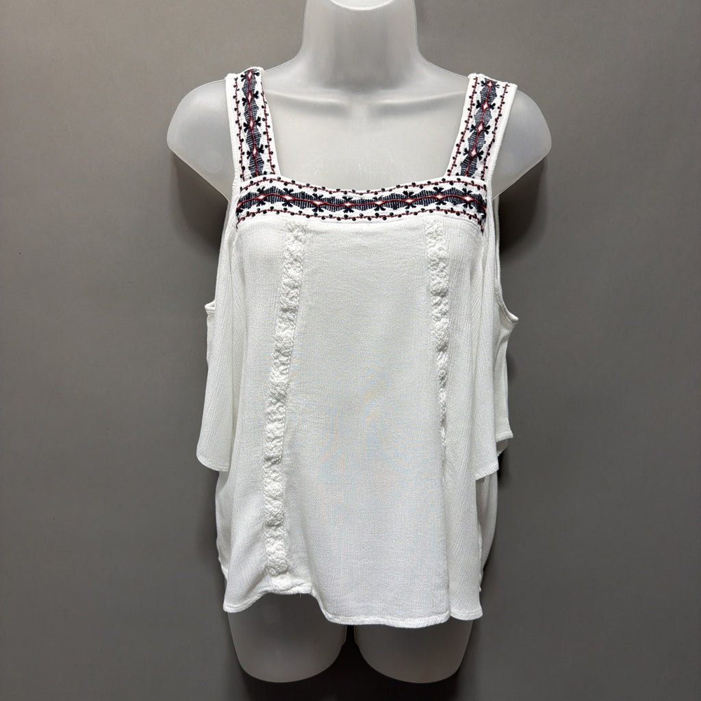 Crave Fame White Off the Shoulder Top M Bell Sleeve Lace Back Embroidered Trim
