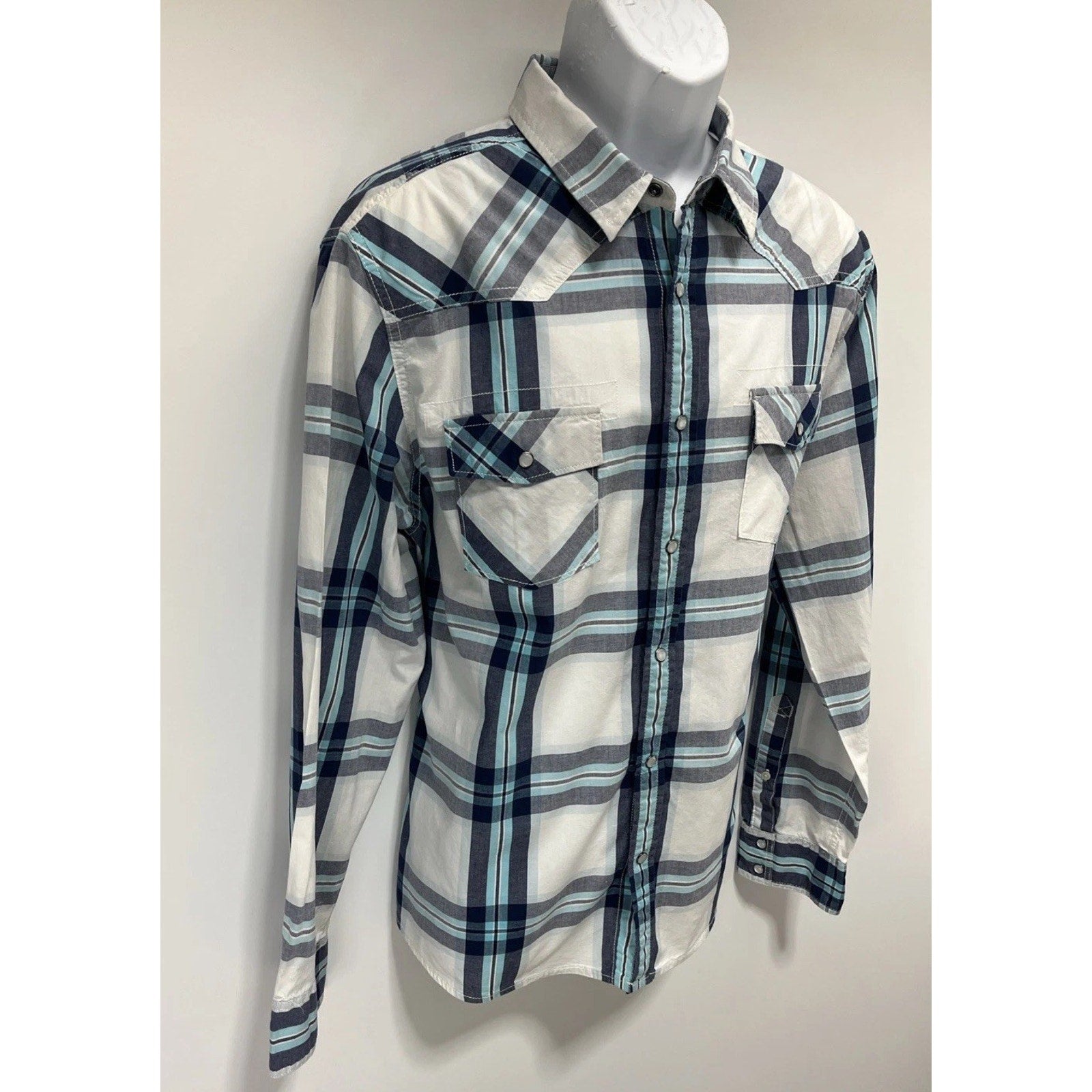Urban Pipeline Men's Blue White Plaid Long Sleeve Pearl Snap Western Shirt Sz XL