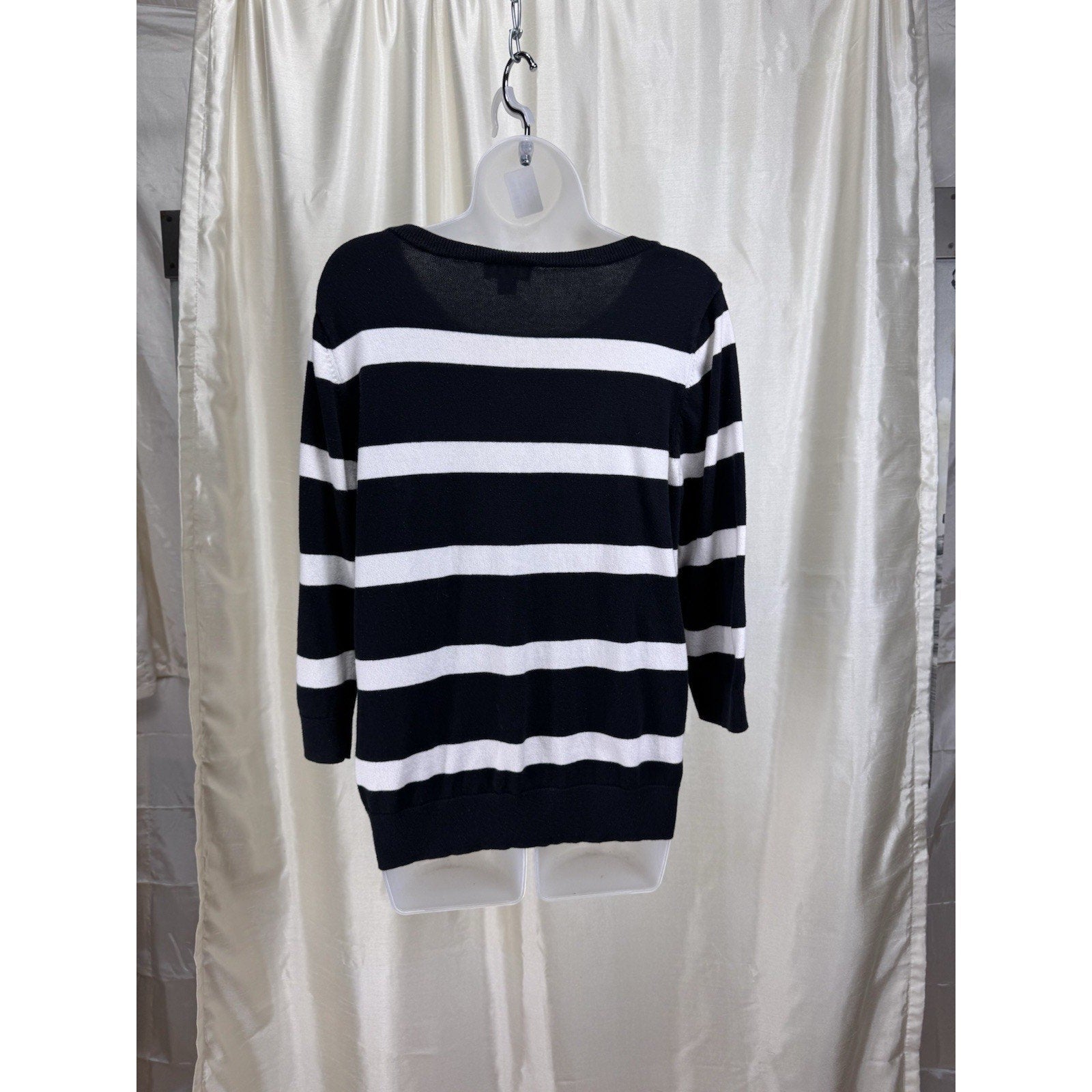 Ann Tayler Loft Women's Sweater, Black and White Striped, Size XL Button Accent