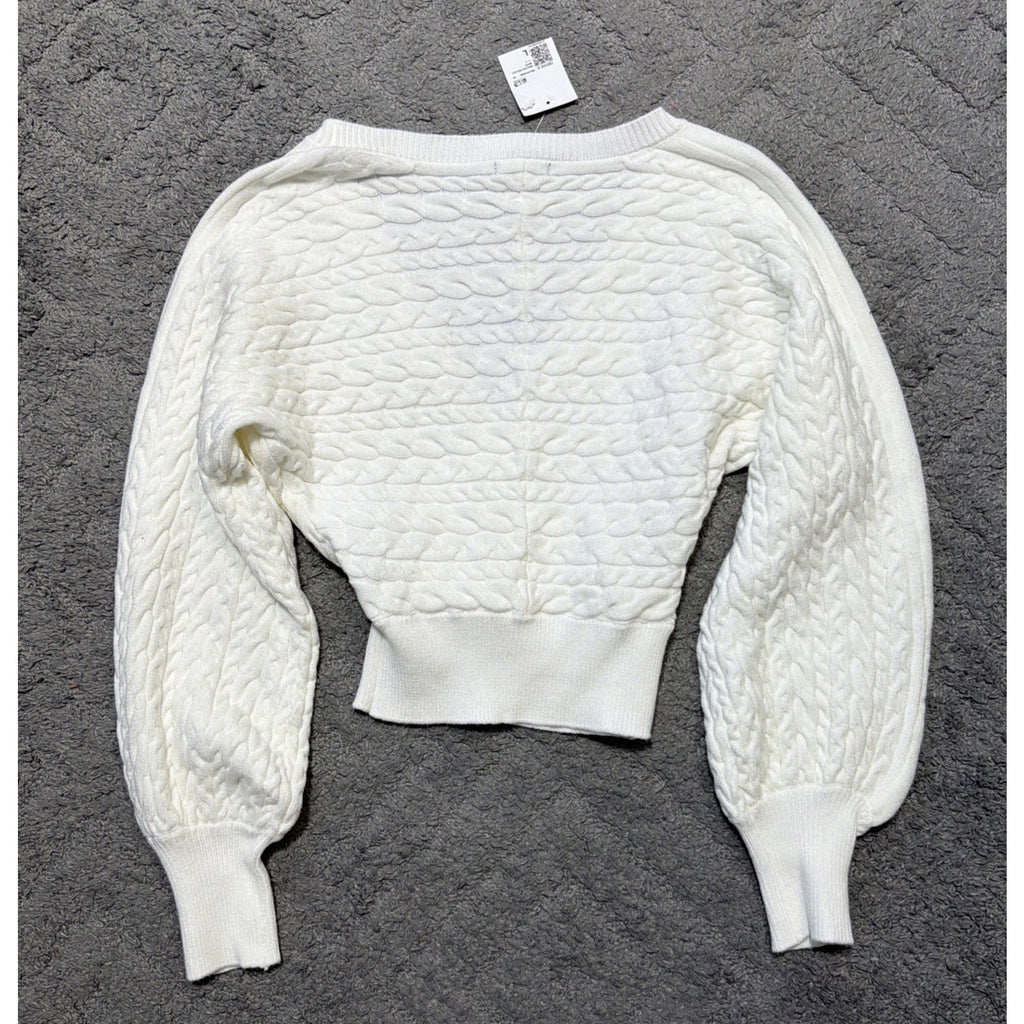 NWT Forever 21 Women’s Peasant-Sleeve Surplice Cable Knit Sweater White Size L