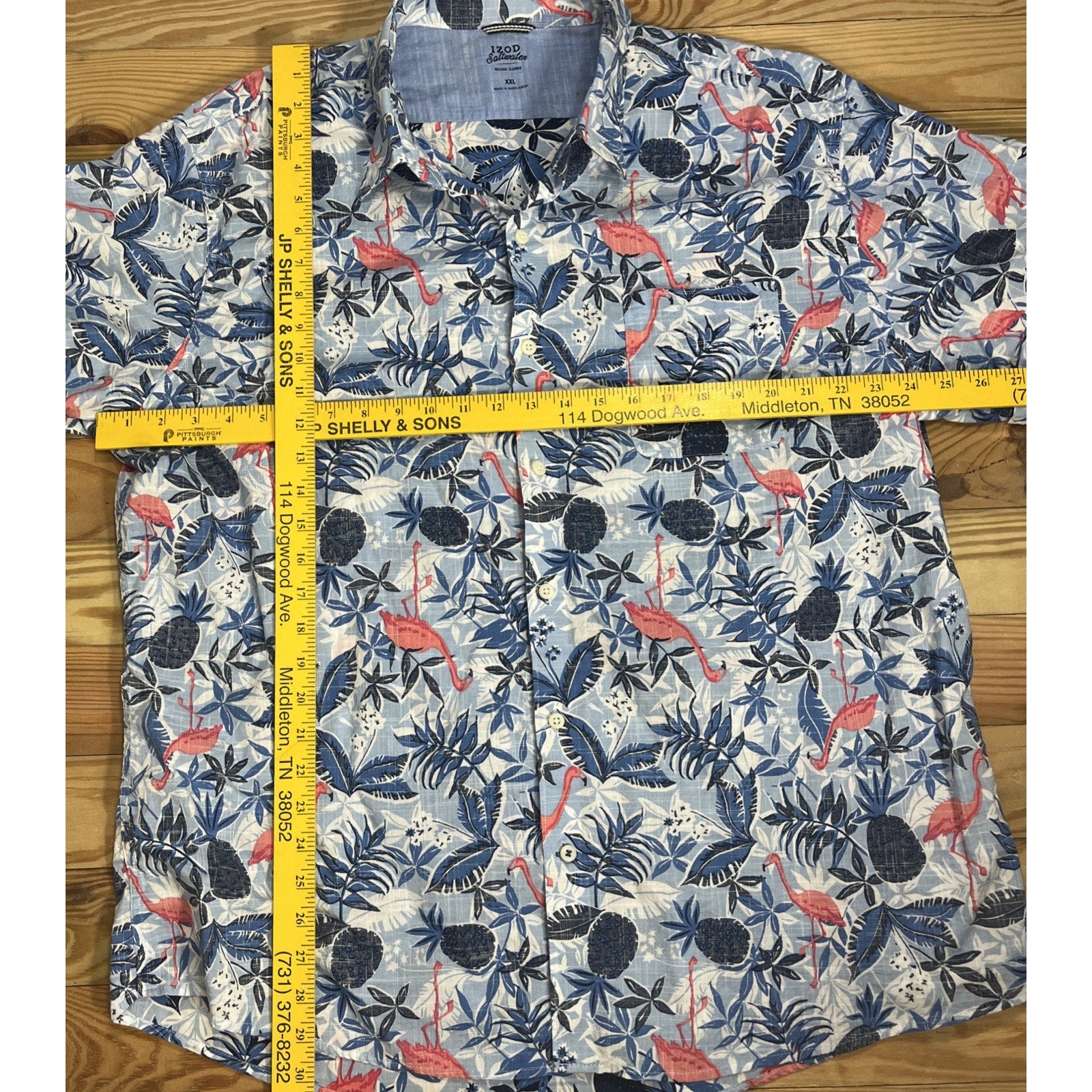 Izod Saltwater Tropical Shirt Adult XXL Blue Pink Flamingos Button Short Sleeve