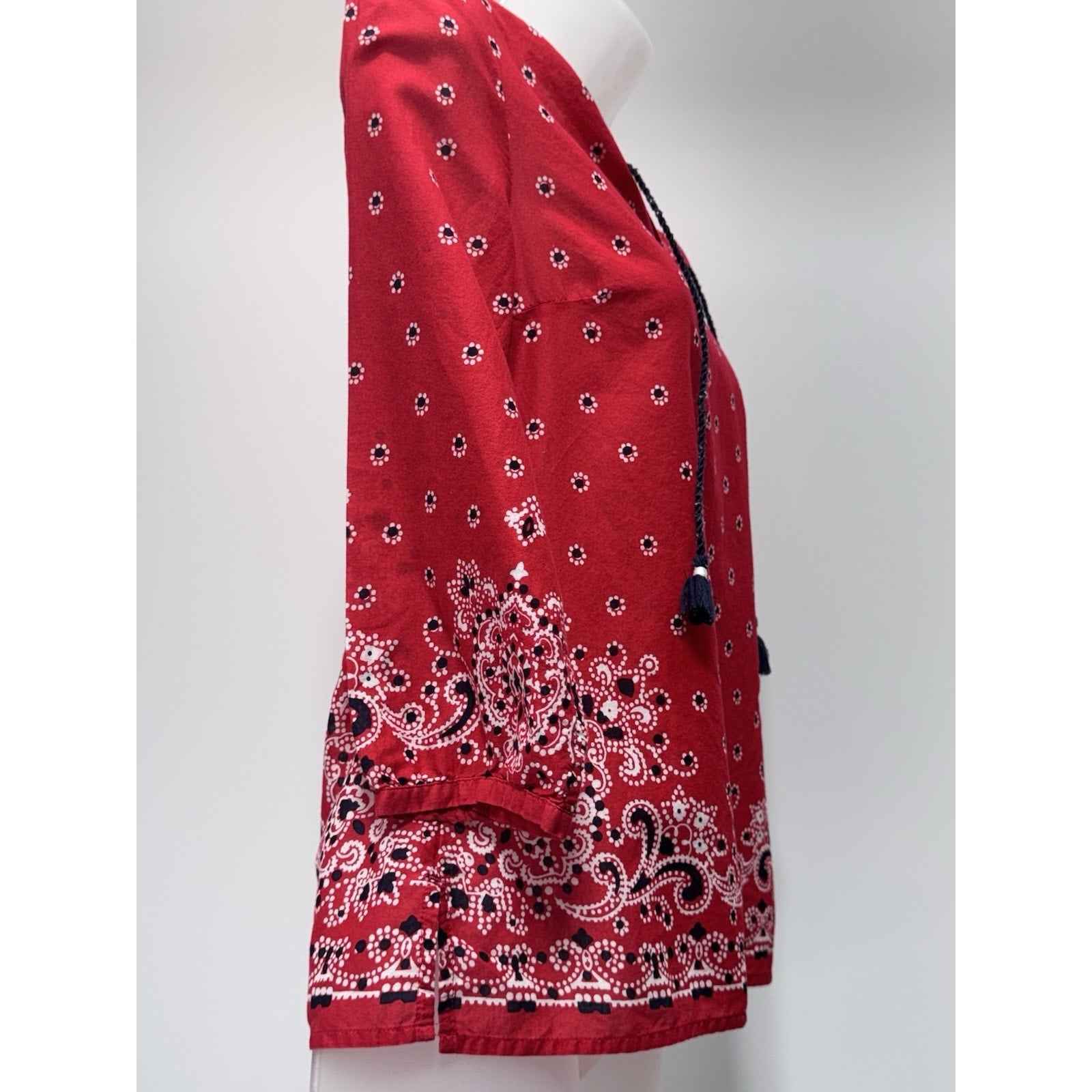 Talbots Red Top Boho Artsy Print Stretch Blouse Tie Front Handkerchief Blouse S