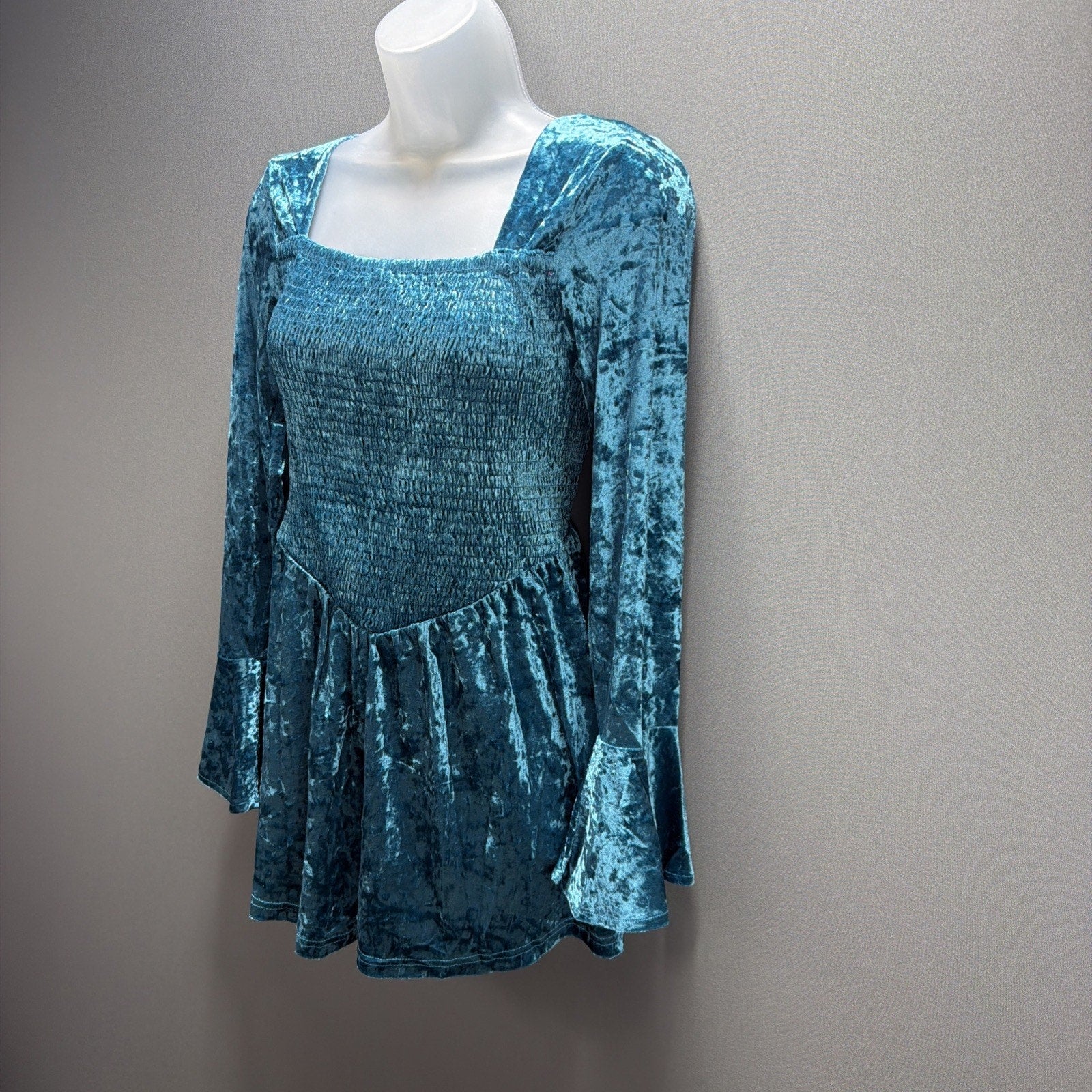 New! Kori America Romper Turquoise Velvet Bell Sleeve Mermaidcore Small Stretch