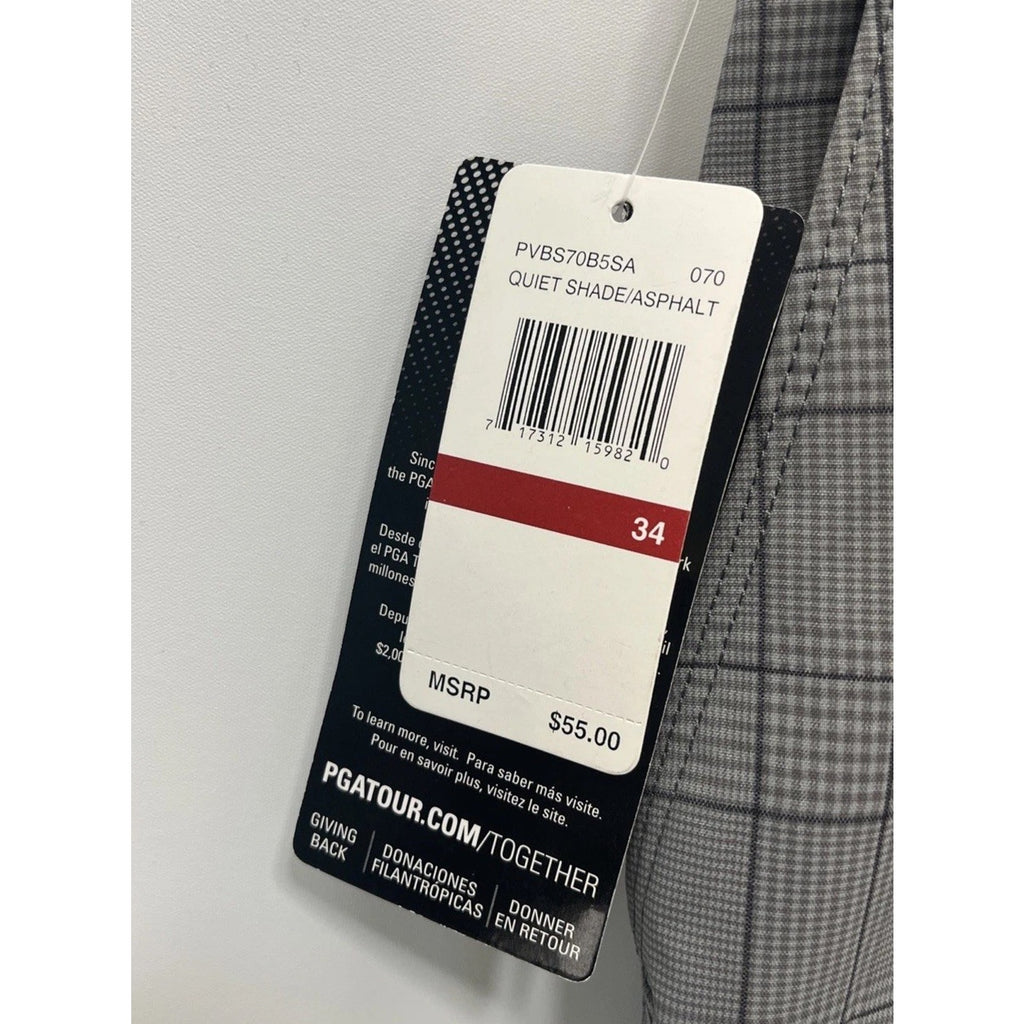 PGA Tour Mens Chino Shorts, Gray Plaid, UV, Easy Care Moisture Wick, Size 34 New