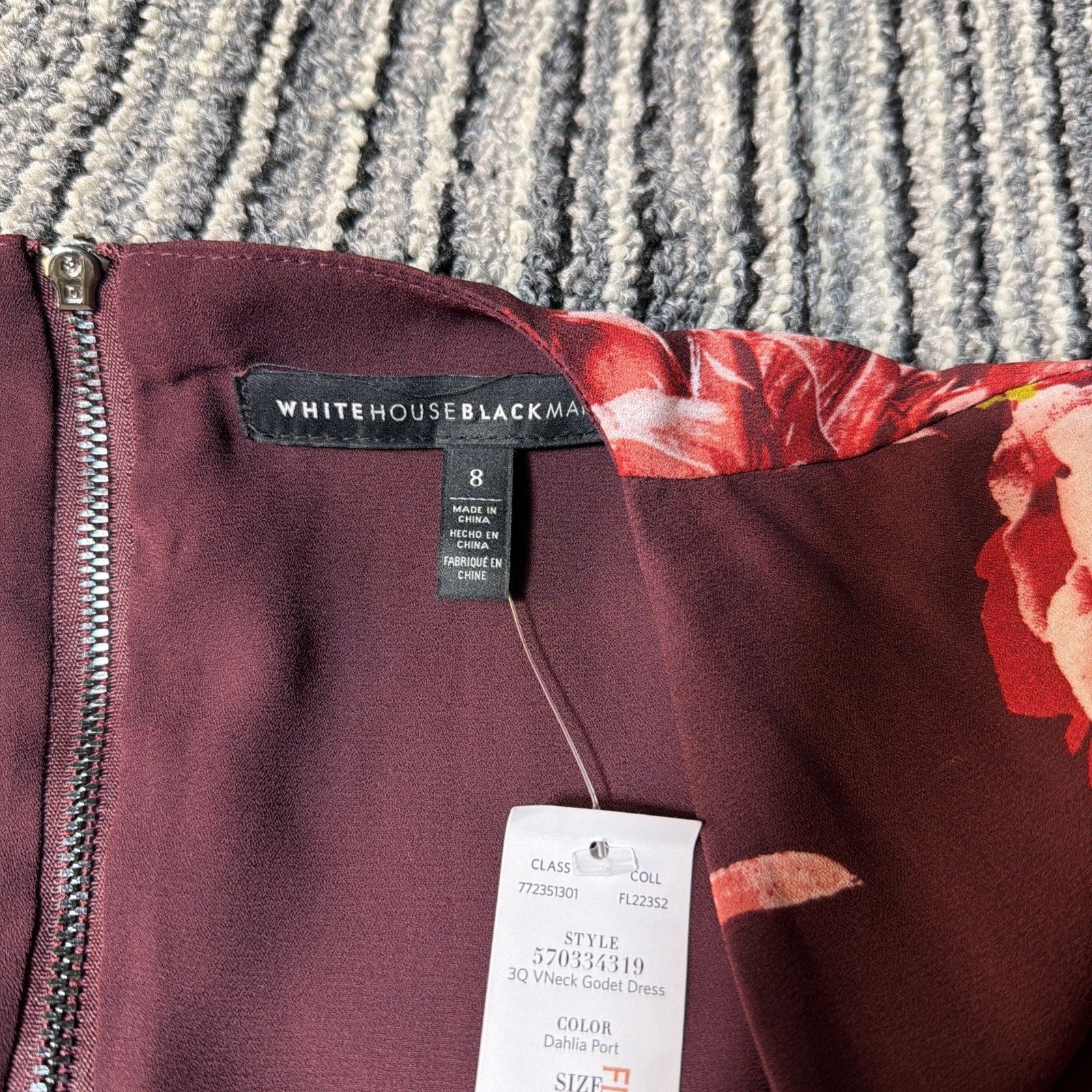 White House Black Market V-Neck Godet Dress, Burgundy Floral Size 8 NWT