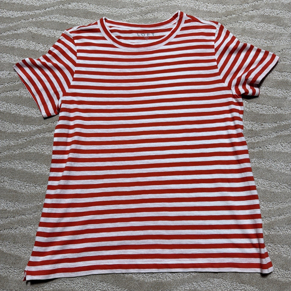 LOFT Womens T-Shirt Red White Stripe Round Neck Short Sleeve Stretch Top Tee L
