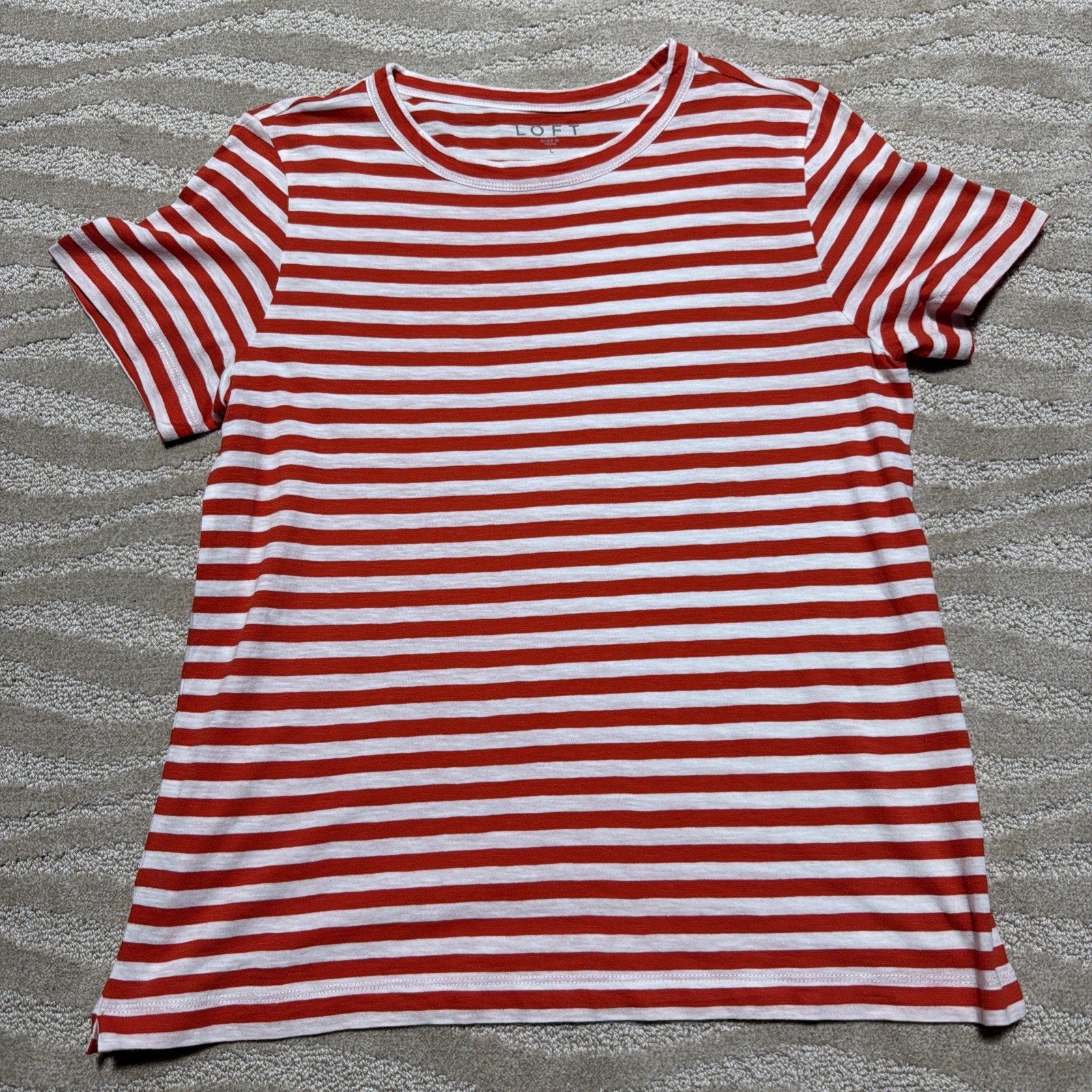 LOFT Womens T-Shirt Red White Stripe Round Neck Short Sleeve Stretch Top Tee L