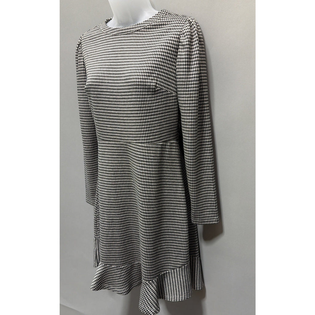 LOFT Houndstooth Ruffle Trim Flounce Long Sleeve Soft Knit Dress Size 2