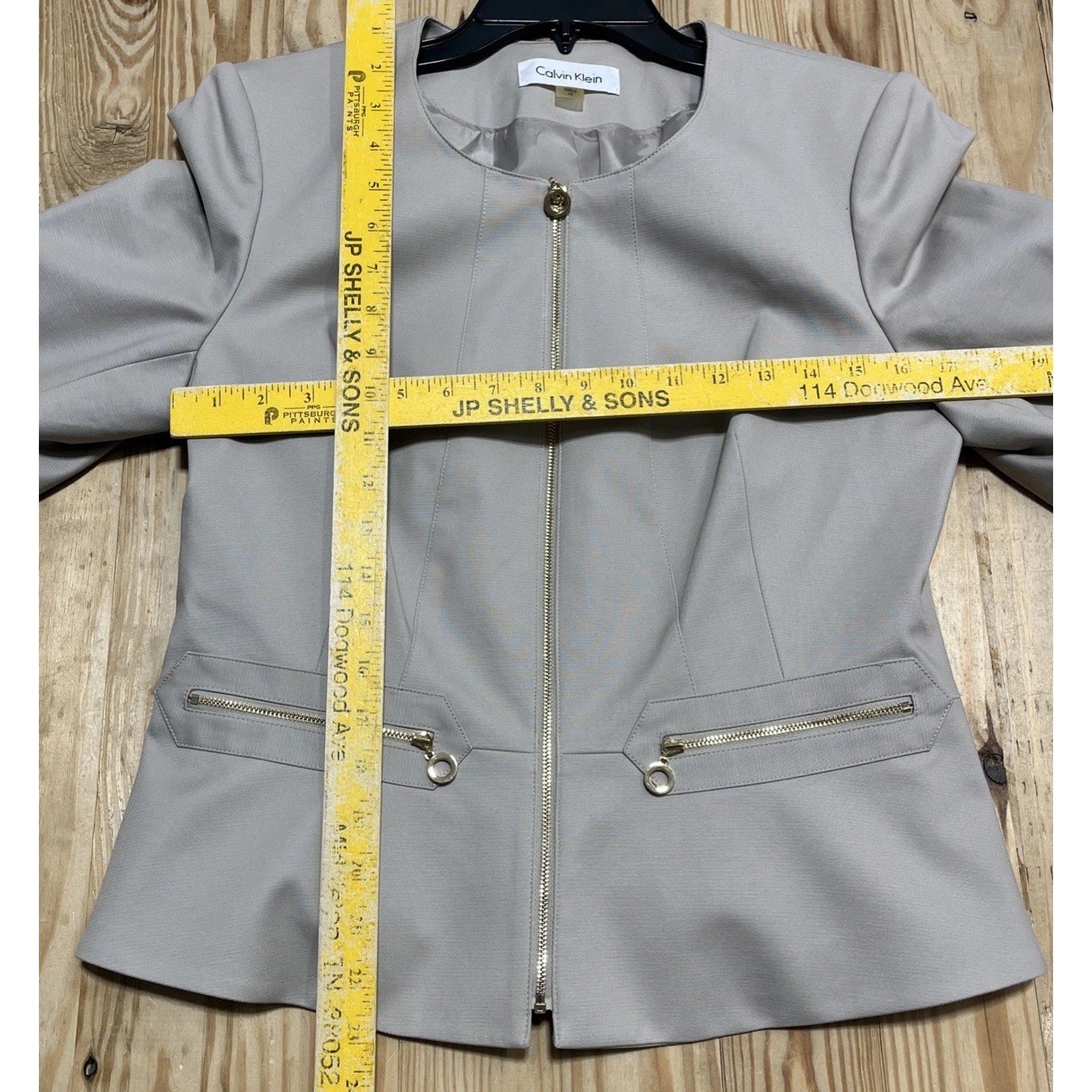 Calvin Klein Women's Blazer Size 10 Beige Gold Zipper Career Office Peplum