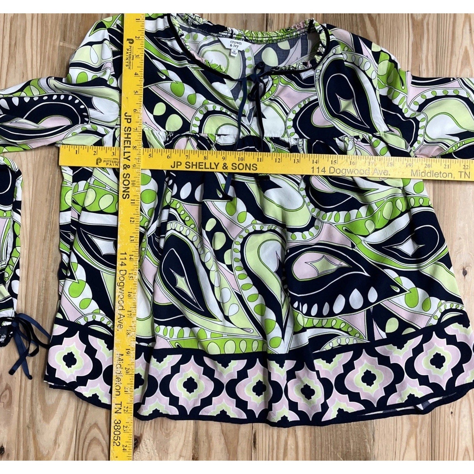 CROWN & IVY Navy/Green/Pink Womens Bohemian Shirt w/Velvet Ties Size M