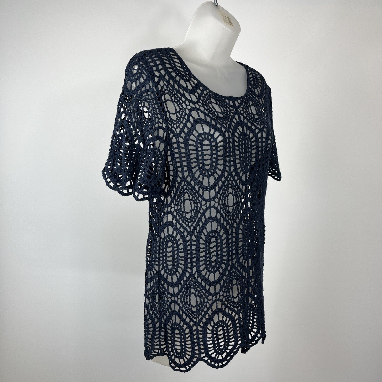 Bedford Fair Top Crochet Blue Open Knit Short Sleeve Women's M