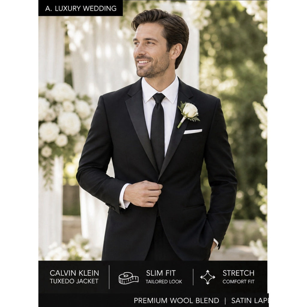 Calvin Klein Black Tuxedo Jacket 48R Slim Fit Wool Stretch Satin Lapel NWT $450
