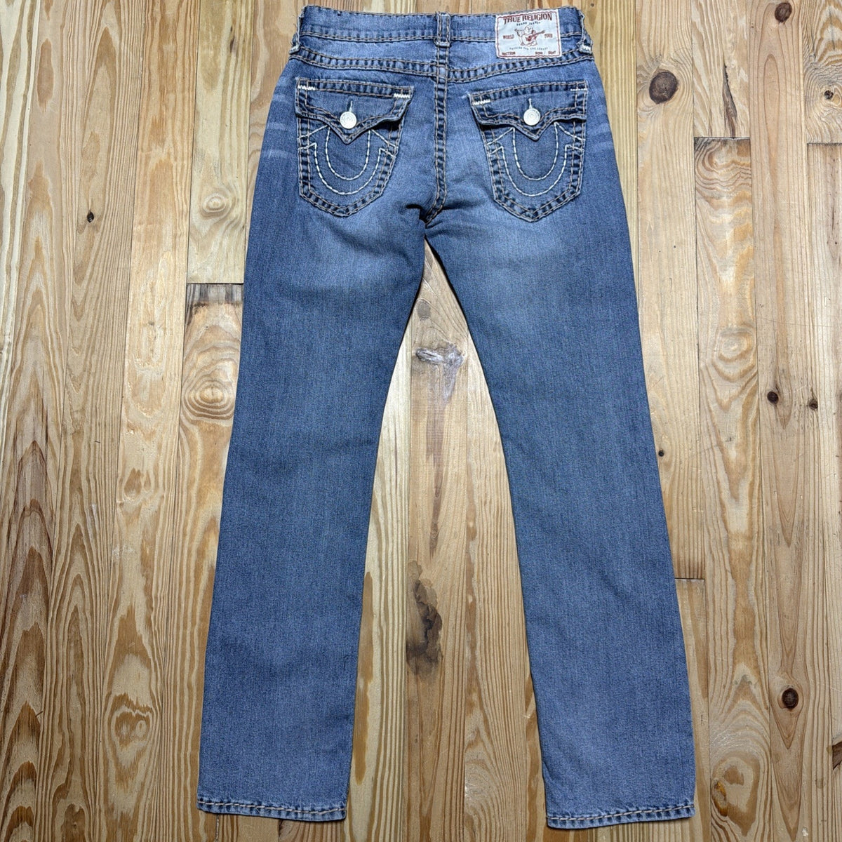 TRUE RELIGION MENS 30 RICKY STRAIGHT LEG FLAP POCKET THICK STITCH DENIM JEANS