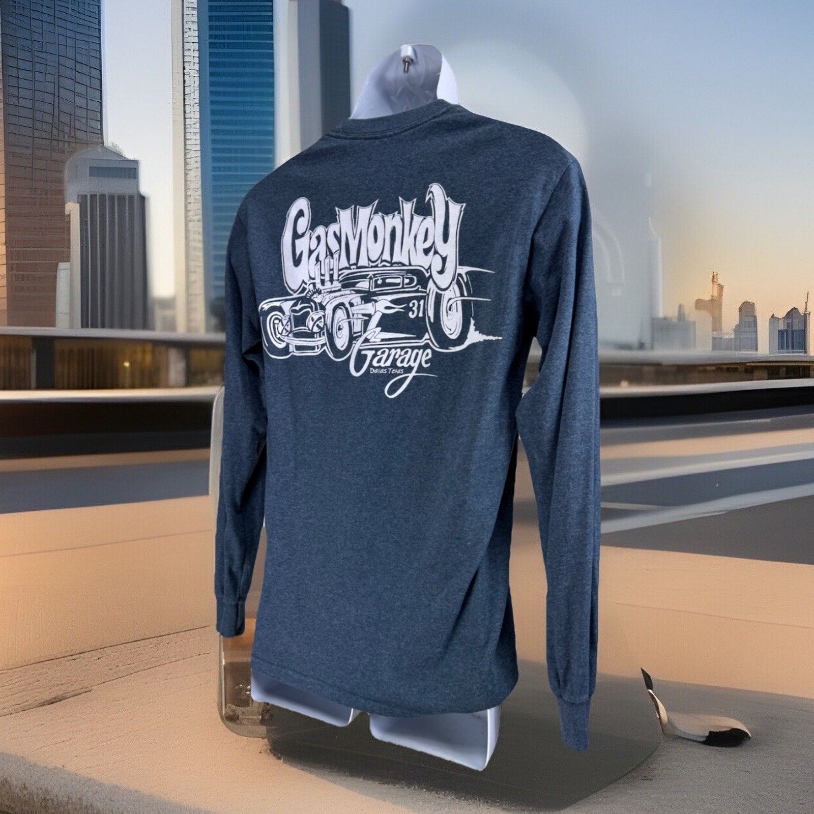 Gas Monkey Garage Long Sleeve Men's Blue T-Shirt Crew Neck Back Logo Small