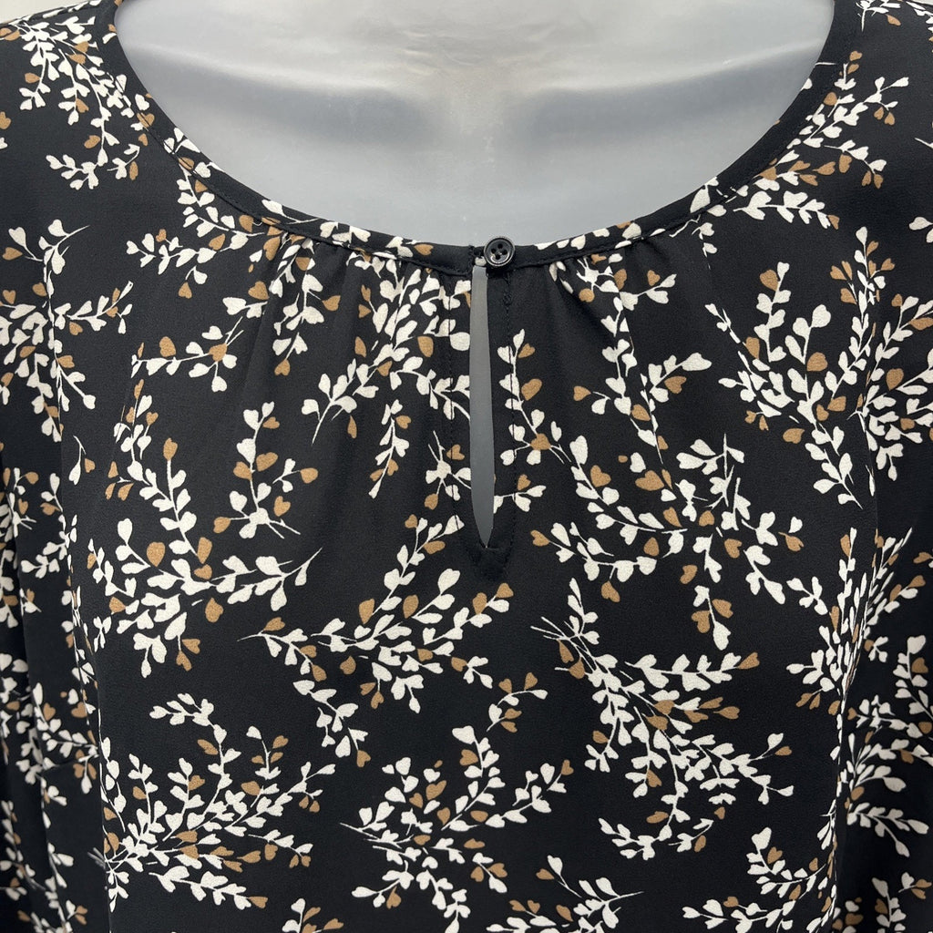 Talbots Keyhole Flowy Tunic Top Women's LP Petite Black Tan Floral Long Sleeve