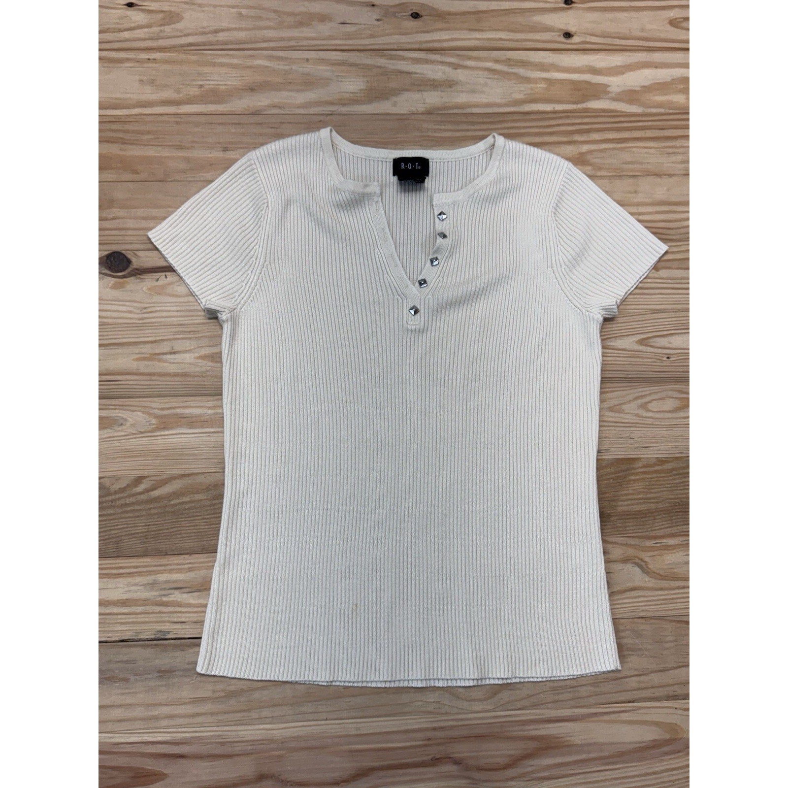 R.Q.T Women Top Size M Tan Brown Short Sleeve Silky Medal Collar Trim Stretch