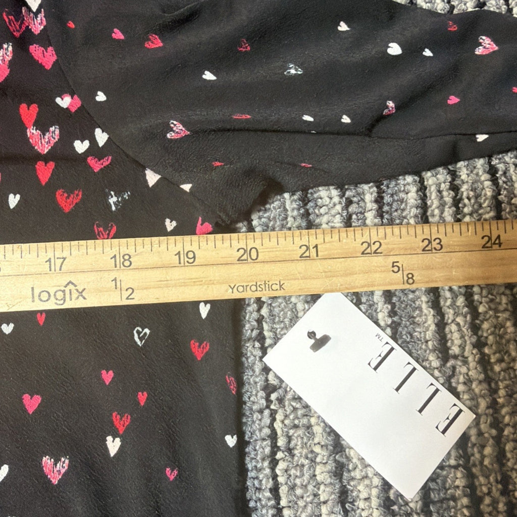 Elle Women's Blaxk Heart Print Scoop Neck 3/4 Bell Sleeve Blouse L Stretch NWT