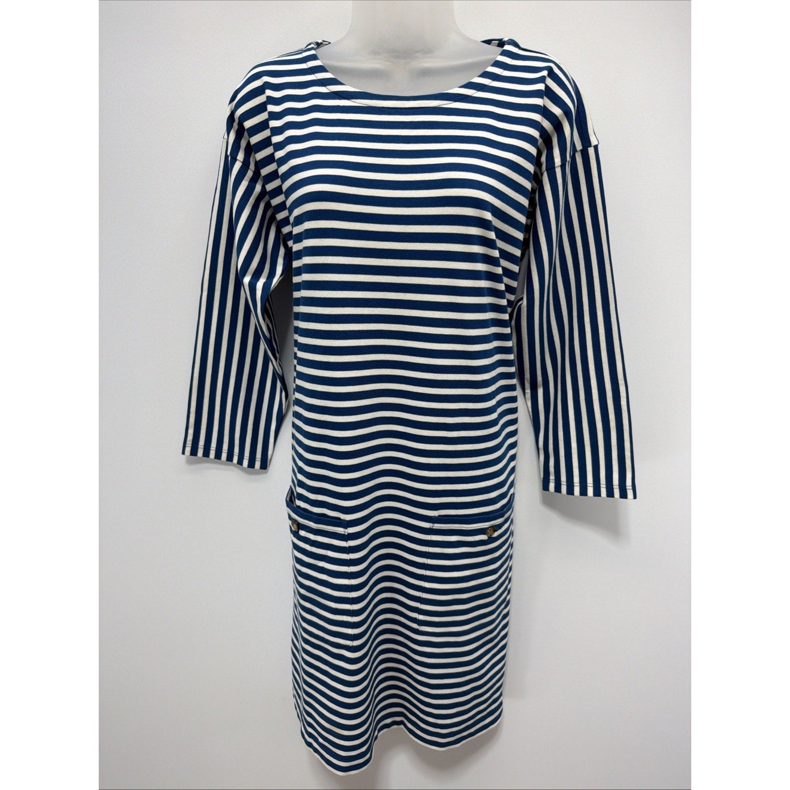 J.Crew Blue Knit Front Pocket Shift Dress In Stripe Size Medium