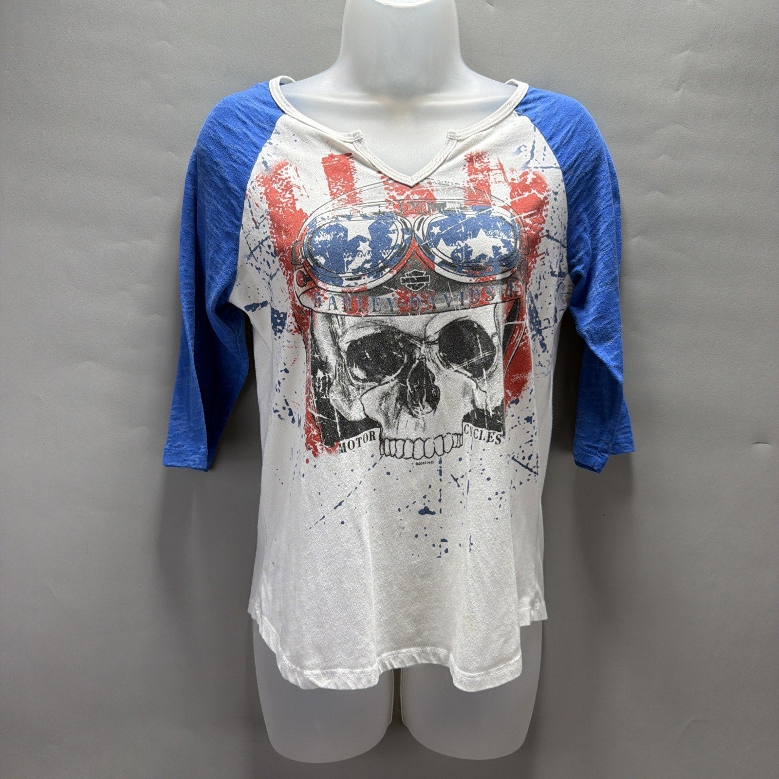 Women’s Harley Davison Made In USA M Ft Myers FL Skull Raglan Shirt 2015