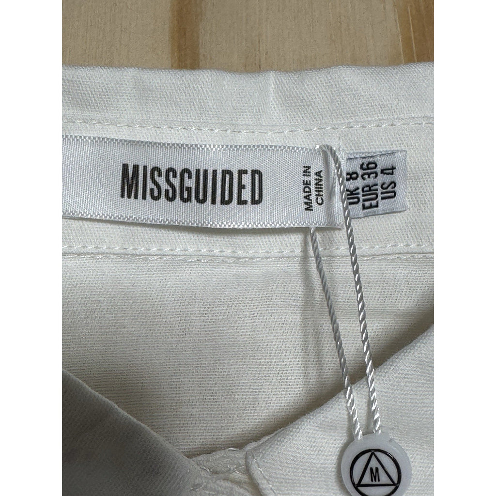 Missguided Women's Sz 4 L. Sleeve Skater Skirt White Pearl Button Up Mini Dress