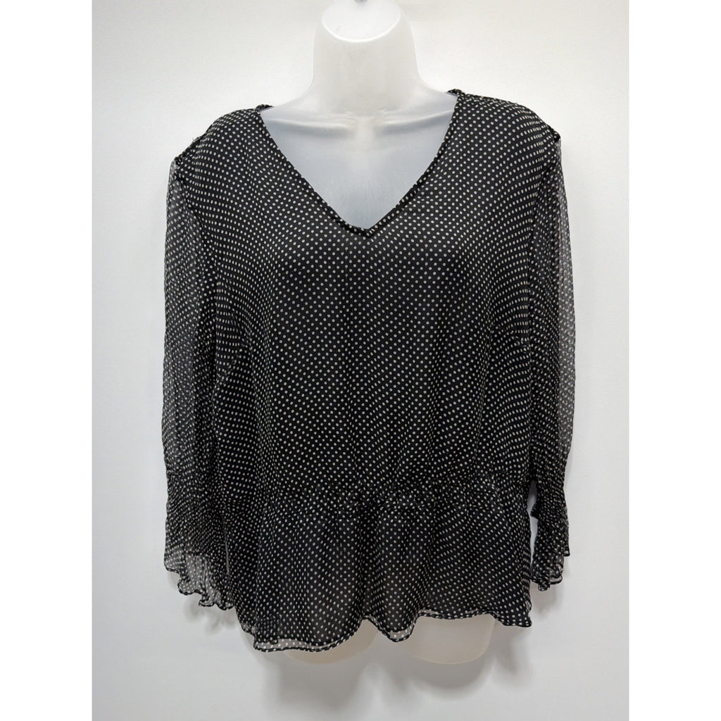 Richard Malcolm Silk Blouse Black White Dotted Lined Blouse Top Size Large