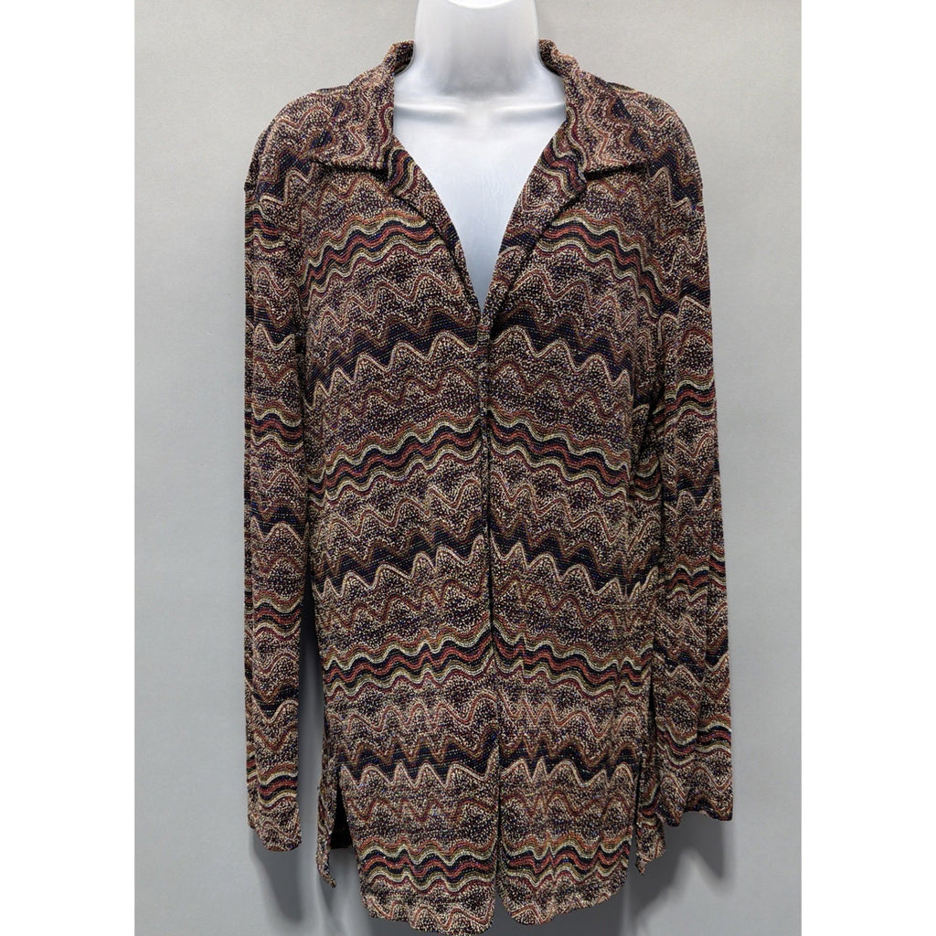 Chico's Design Blouse Top Shirt Size 2 Womans L Brown Knit Metallic Long Sleeve