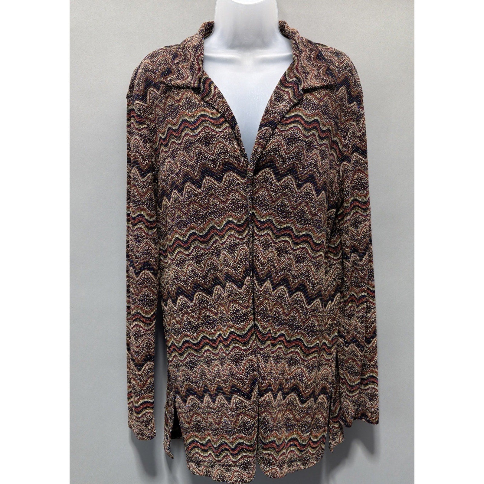 Chico's Design Blouse Top Shirt Size 2 Womans L Brown Knit Metallic Long Sleeve