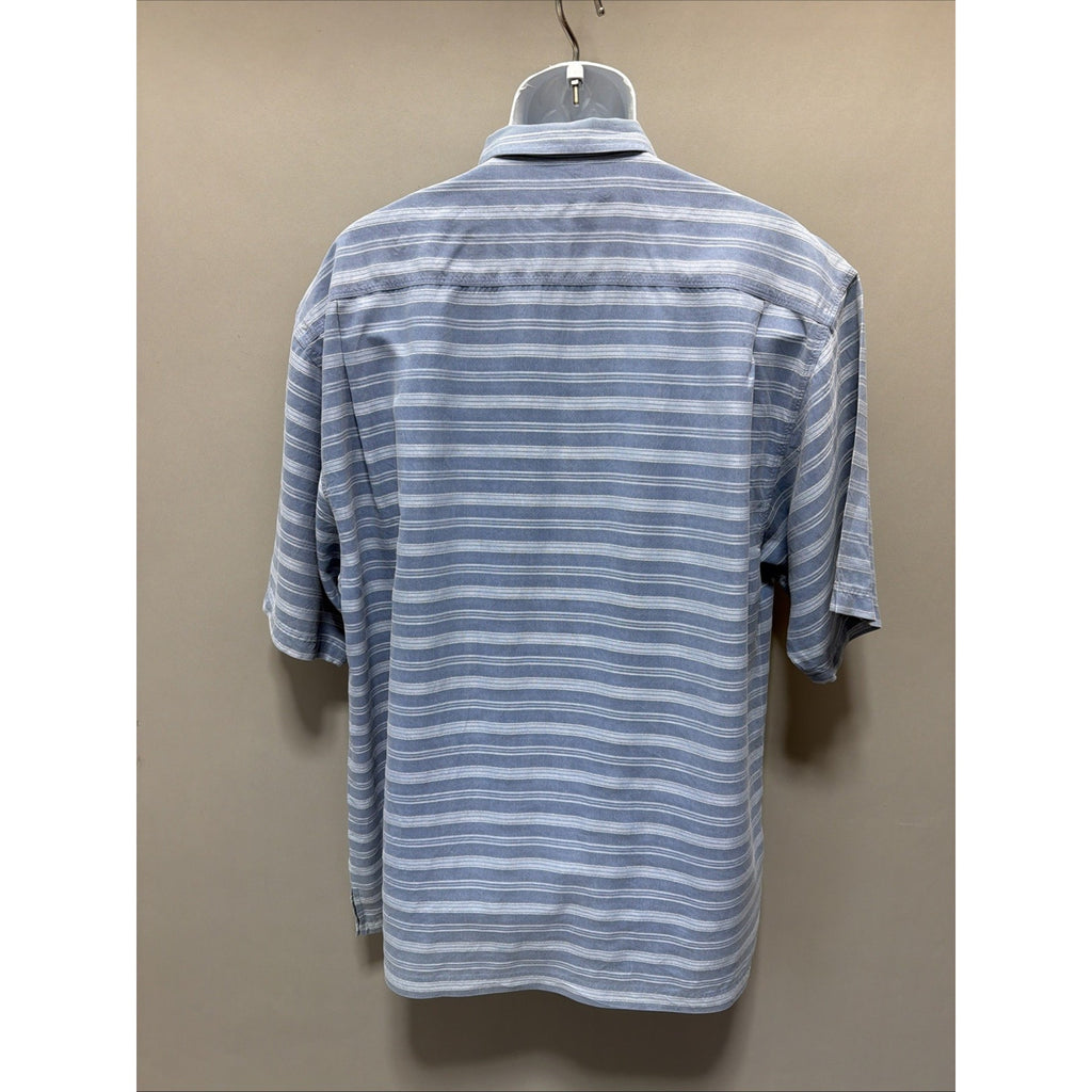 TOMMY BAHAMA SHIRT XL 100% Silk Button Up Short Sleeve Blue Striped Beach