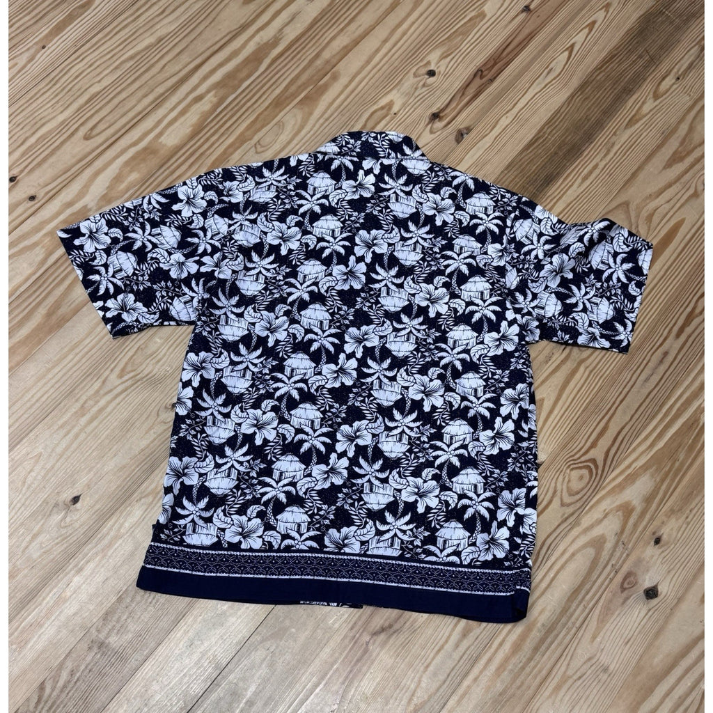 Caribbean Joe Black & White Floral Button-Up Beach Shirt Youth Boys Size L 16/18
