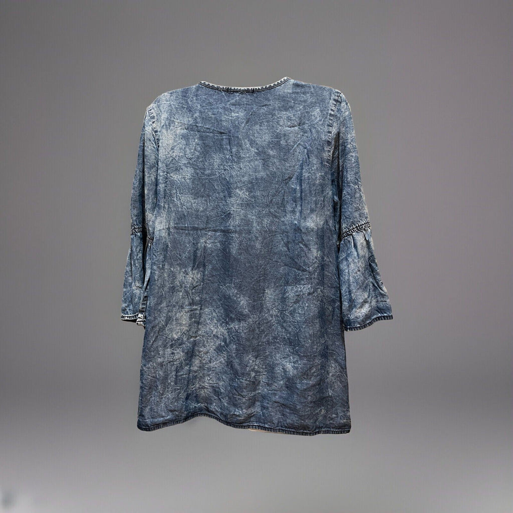 Signature 1 Studio Blue Denim Print Embellished 3/4 Ruffled Sleeve Top Women's M