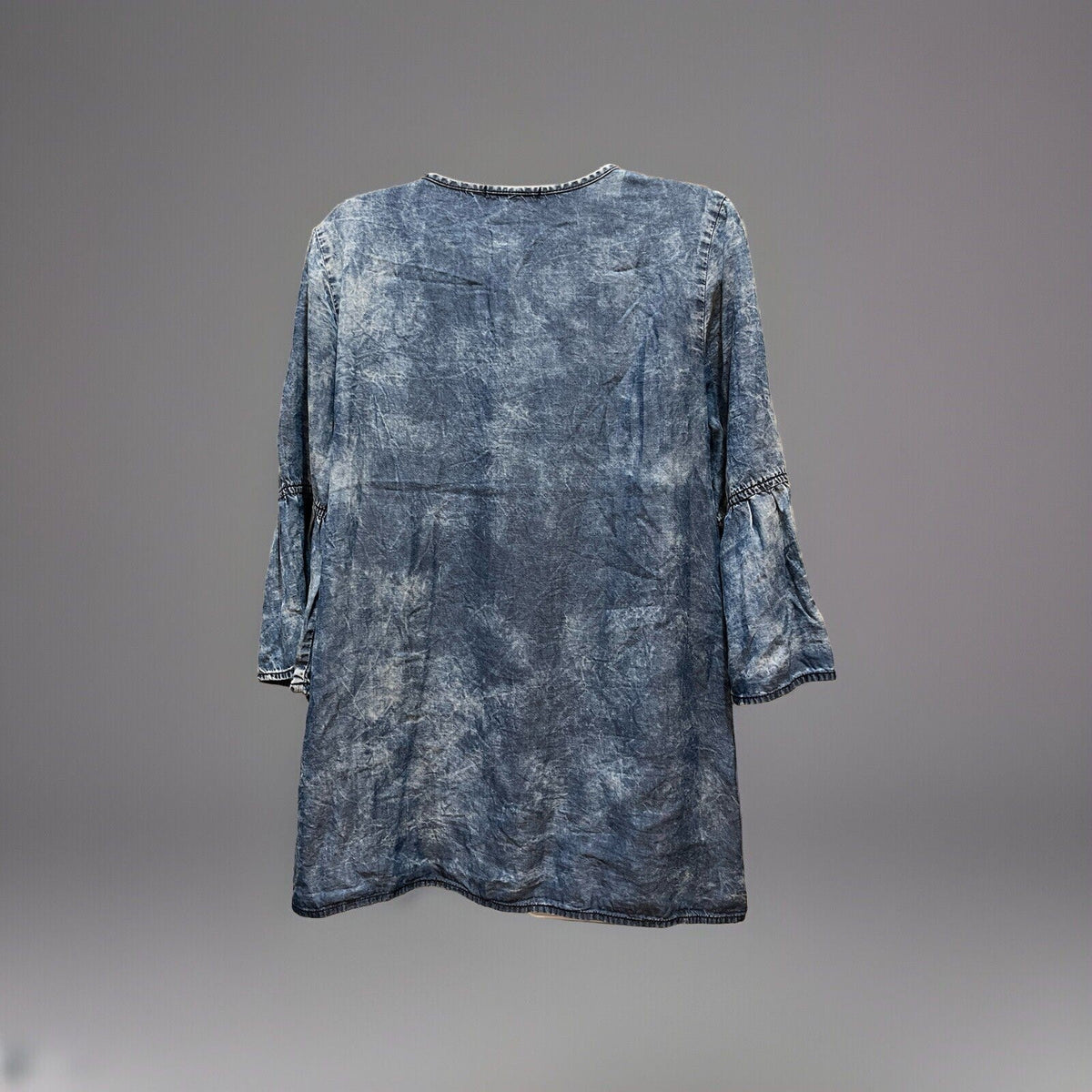 Signature 1 Studio Blue Denim Print Embellished 3/4 Ruffled Sleeve Top Women's M