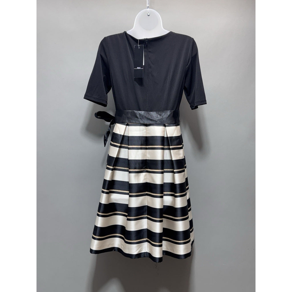 R&K Originals Black Gold & Ivory Tie Waist Dress with a Pleated Skirt New 4P
