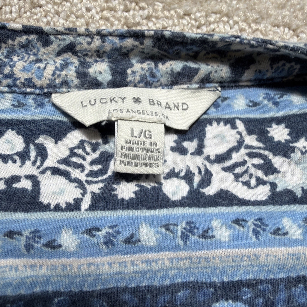 Womens Large Lucky Brand Short Sleeve Notch Neck Floral Shirt Top Blue White