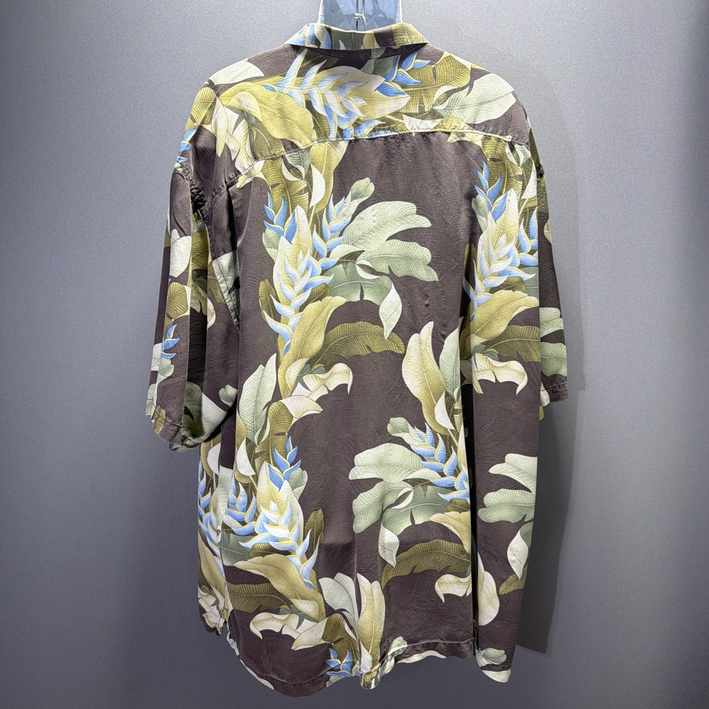 Tommy Bahama Silk Hawaiian Embroidered Camp Shirt Brown Hibiscus Floral 4X Tall