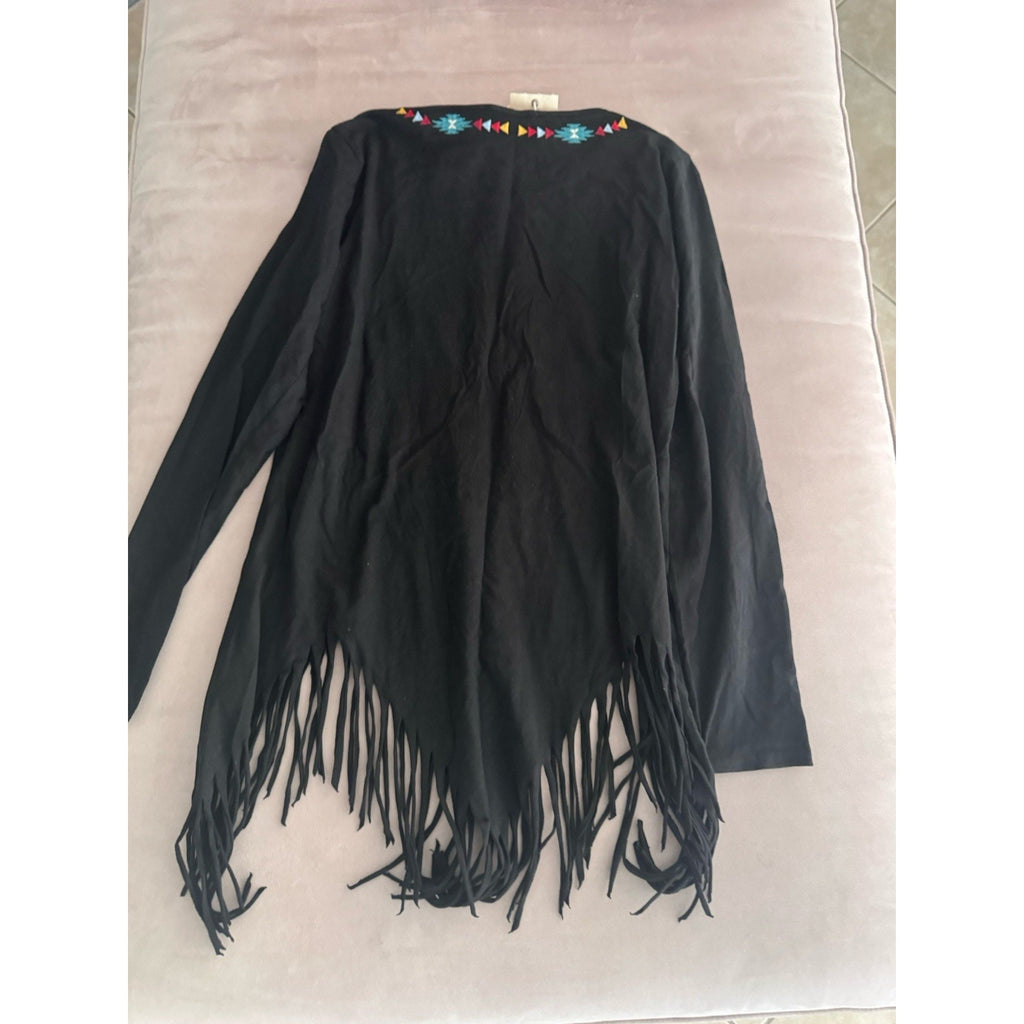 Savanna Jane black long-sleeve tunic fringed Native American Bird Women’s S New