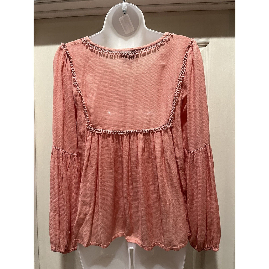 Haute Hippie Peasant Sleeve Peach Boho Size Oversized XS Pompom Lace Detail