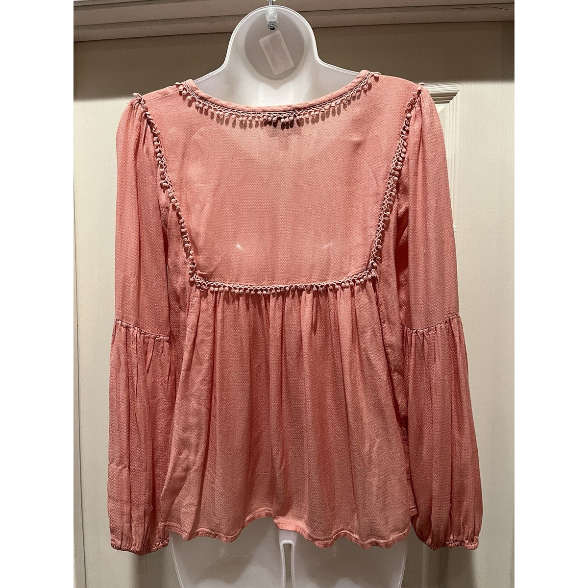 Haute Hippie Peasant Sleeve Peach Boho Size Oversized XS Pompom Lace Detail