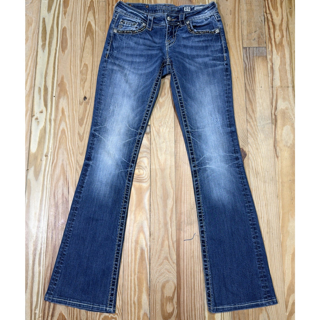 Miss Me Jeans Women's 26x32 Denim Blue Signature Boot Flap Sequin Pockets Blingy