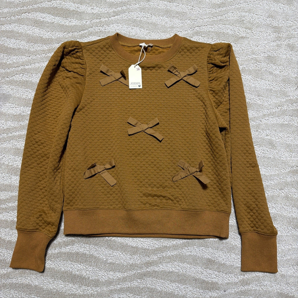 Jodifl Women’s S Puff Long Sleeve Quilted Ribbon Detail Blouse Top Sweater NWT