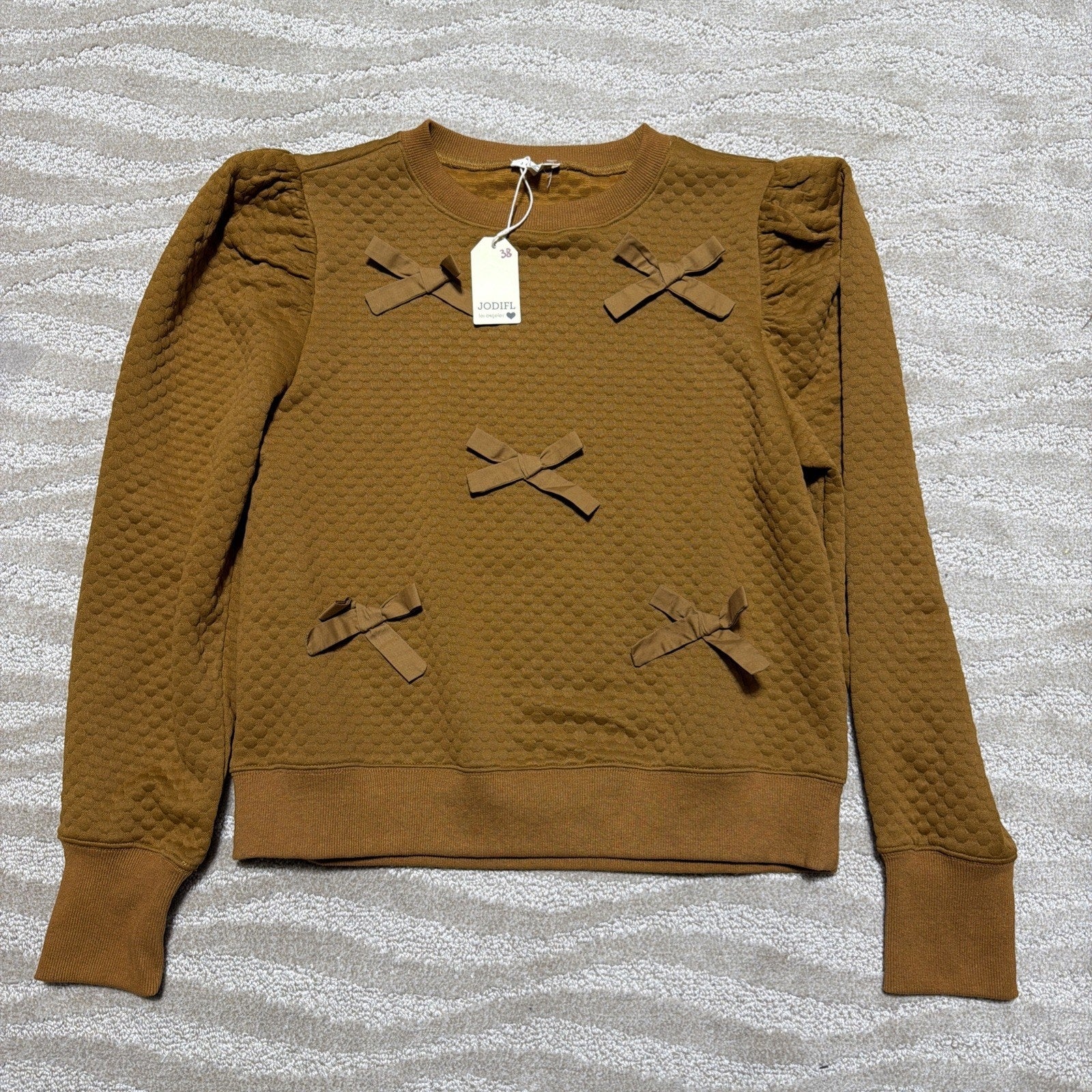 Jodifl Women’s S Puff Long Sleeve Quilted Ribbon Detail Blouse Top Sweater NWT