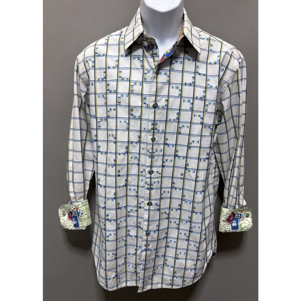 Robert Graham Shirt M White Windowpane Flip Cuff Embroidered Button Up Mens