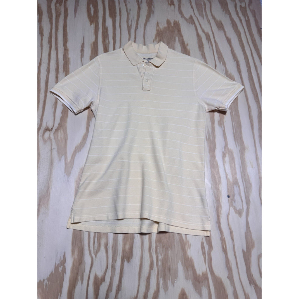 Madison Clothing Co Polo Shirt Mens M Cream Striped 100% Cotton Short Sleeve