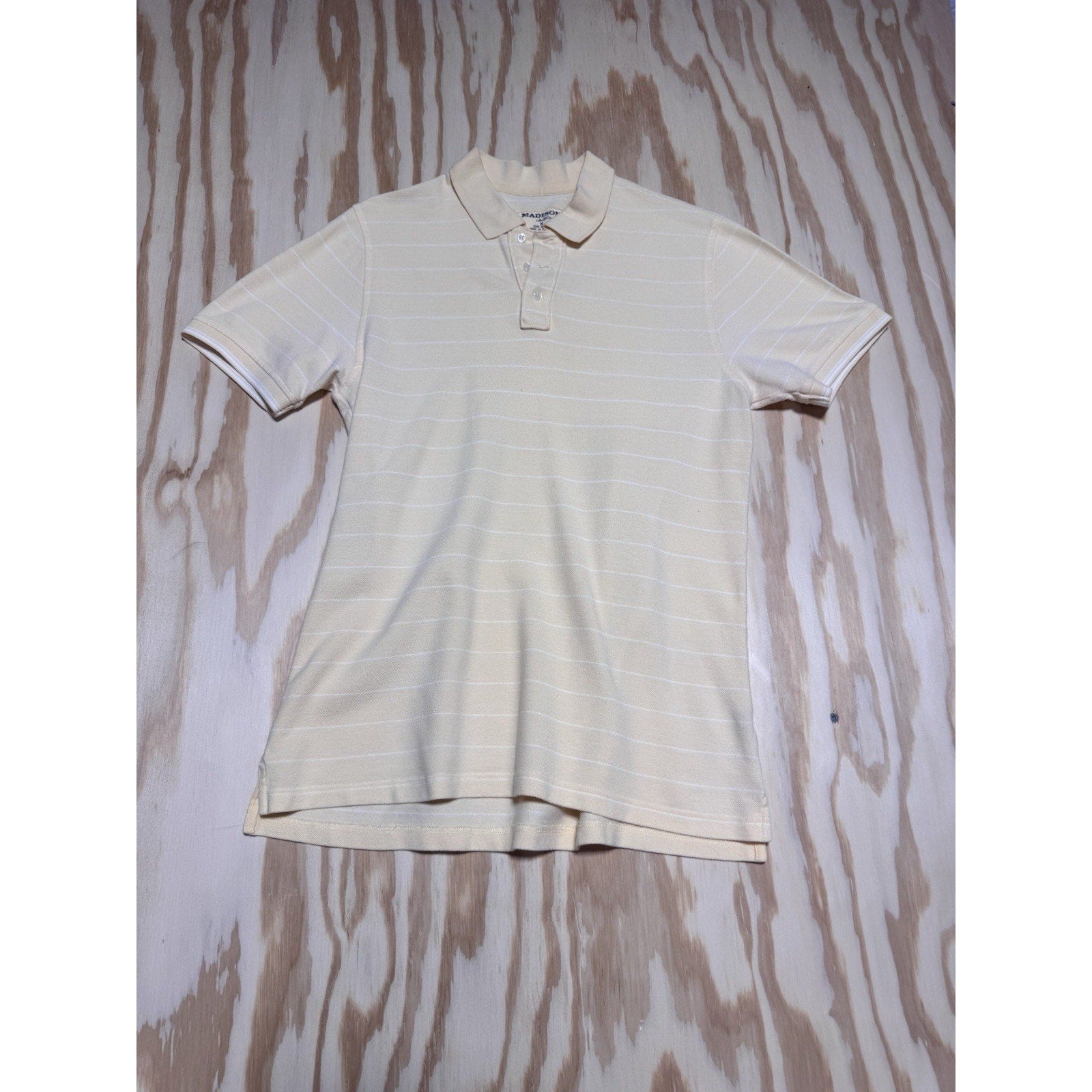 Madison Clothing Co Polo Shirt Mens M Cream Striped 100% Cotton Short Sleeve