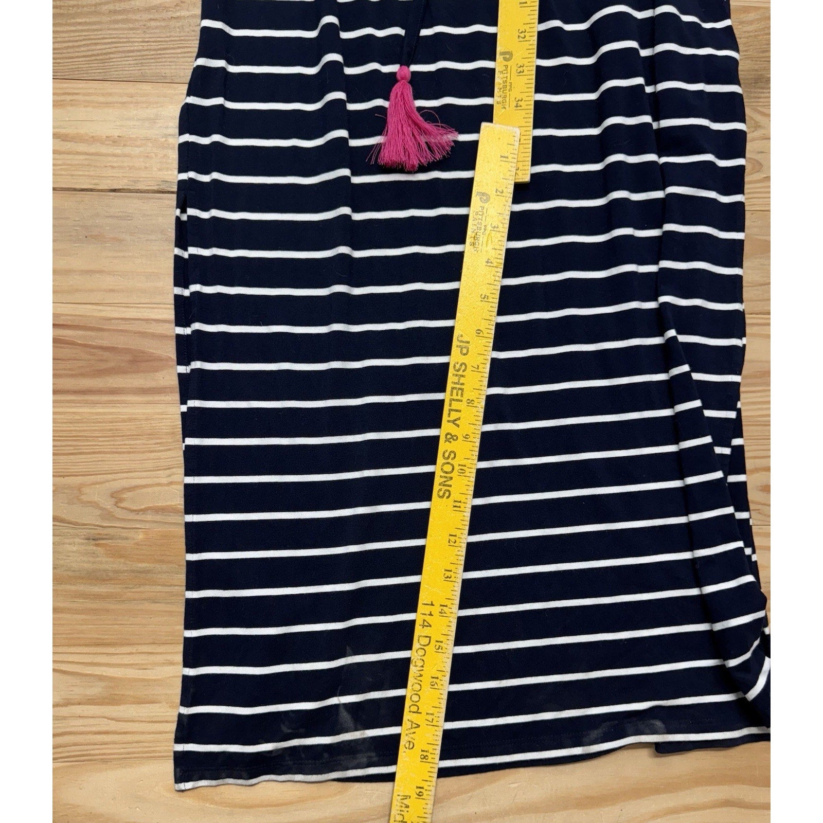 Talbots Maxi Dress Embroidered Navy White Striped Pink Tassel Belt Size M NWT