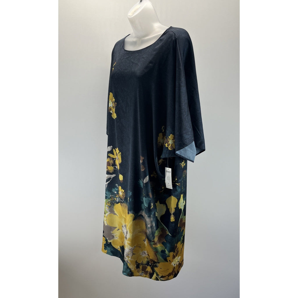 NWT Chico's 4 Navy Blue Yellow Floral Satin Kimono Dress Lined